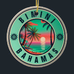 Bimini Bahamas Retro Sunset Travel Souvenir 1950s Ceramic Tree Decoration<br><div class="desc">Bimini Bahamas Tropical Retro Sunset design. Indulge in the nostalgia of Bimini with our vintage souvenir, designed specifically for seaside vacationers. Reminiscent of a bygone era, this design encapsulates the tranquillity and beauty of the cove, serving as a delightful reminder of your beachside getaway. You can customise and modify this...</div>