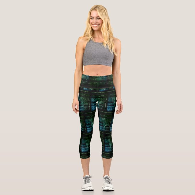 Binary Dreamscape Black and Green Futuristic Style Capri Leggings (Front)