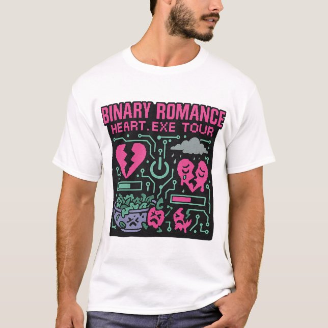 Binary Romance Unisex T-Shirt, Glitchy Cyber Band  T-Shirt (Front)