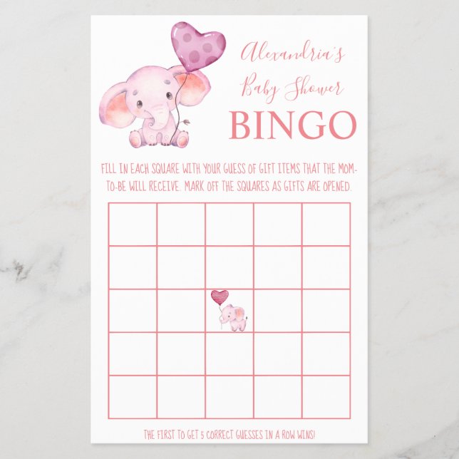 Bingo Baby Elephant Baby Shower Game Card (Front)