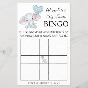 Bingo Baby Elephant Baby Shower Game Card