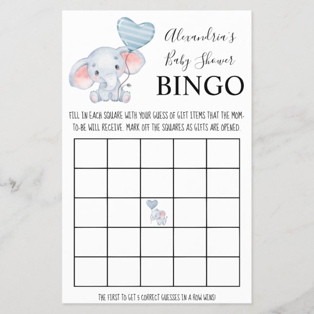 Bingo Baby Elephant Baby Shower Game Card (Front)