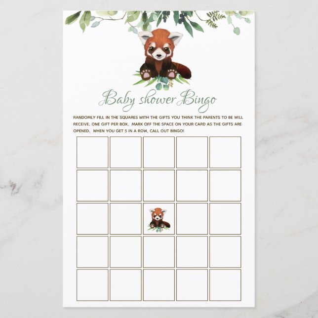 Bingo Baby Shower Game Gender Neutral Red Panda  (Front)