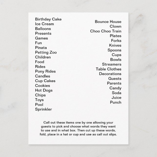 Bingo Card Birthday Party Call Out Words (Front)