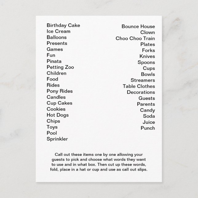 Bingo Card Birthday Party Call Out Words (Front)