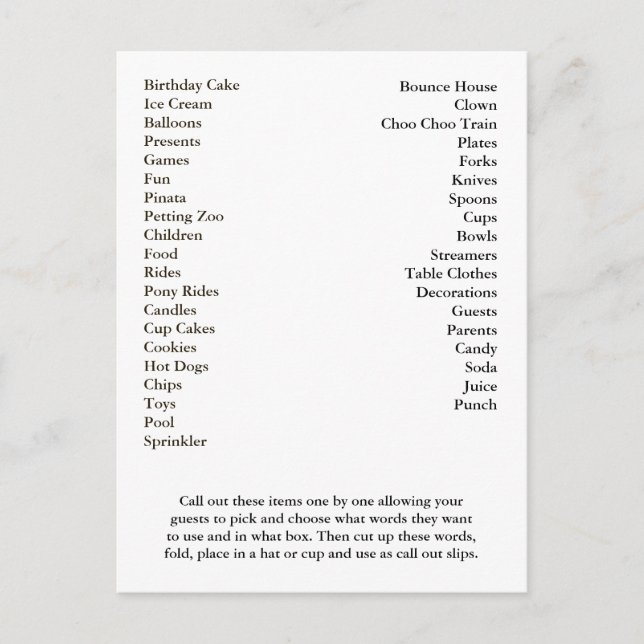 Bingo Card Birthday Party Call Out Words (Front)