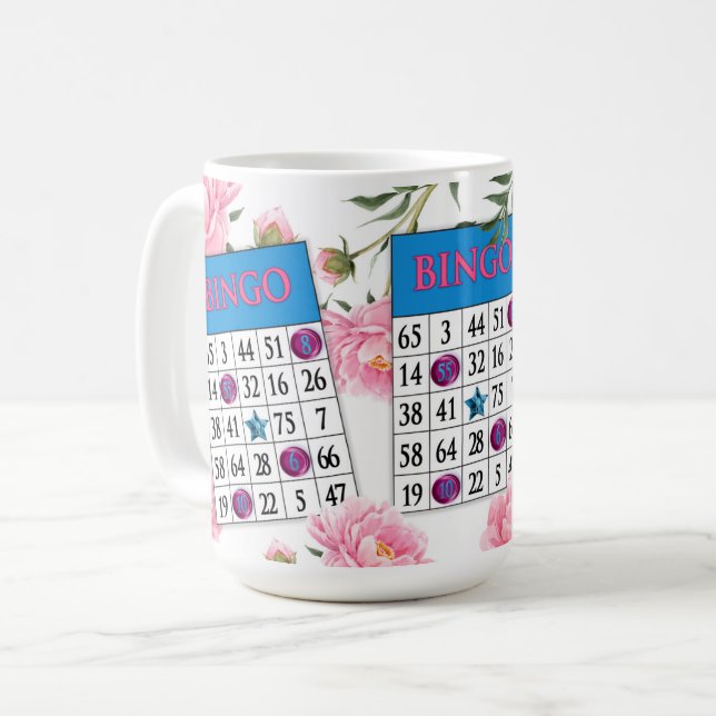 Bingo Card with Dainty Pink Flowers Coffee Mug (Front Left)