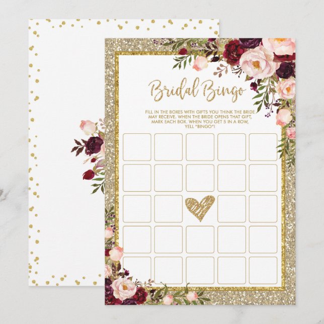 Bingo Gold Glitter Marsala Shower Game Invitation (Front/Back)