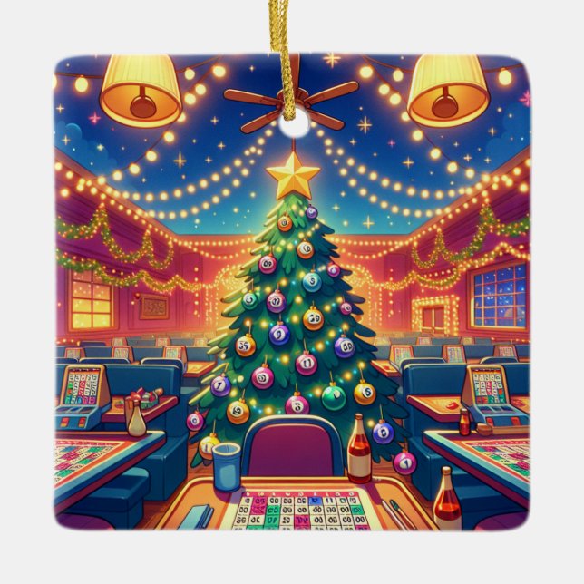 Bingo Hall Christmas Tree With Bingo Balls Ceramic Ornament (Front)