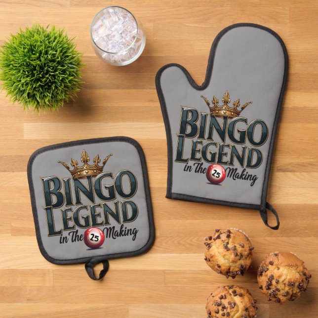 Bingo Legend Crowned in Gold Retro Typography Oven Mitt & Pot Holder Set (Top Down)
