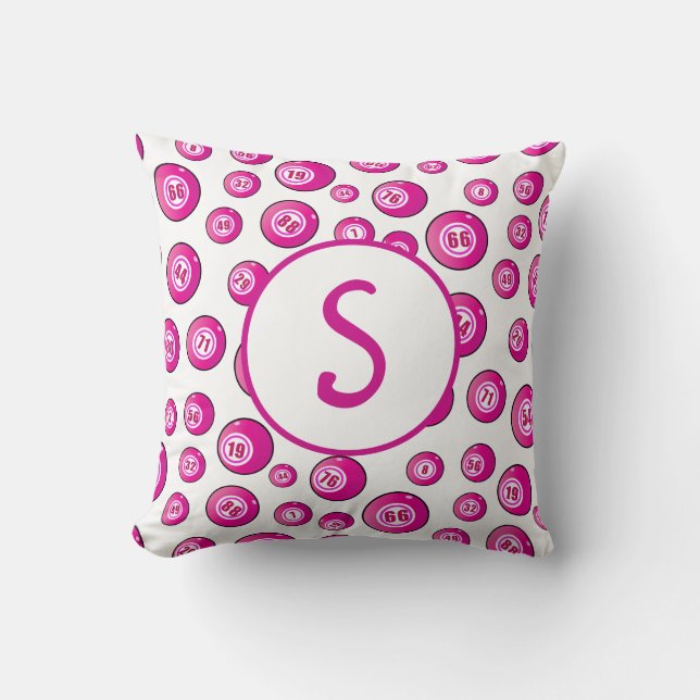 Bingo Lover Monogram Bingo Balls Pink White Cushion (Front)