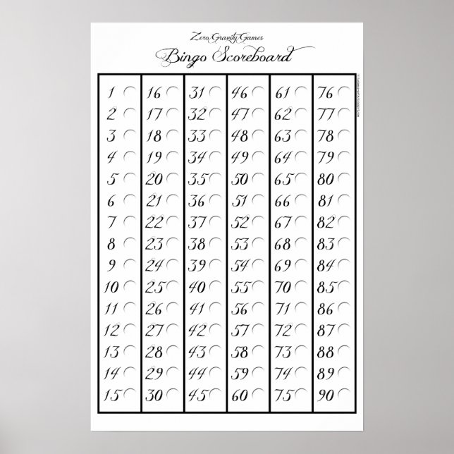 Bingo Scoreboard 90 - Zero Gravity Games (1.2") Poster (Front)
