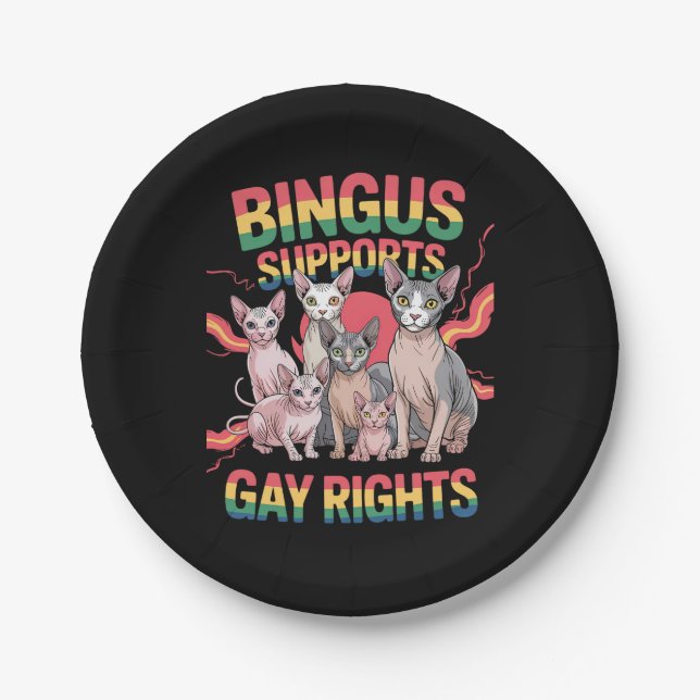 Bingus Supports Gay Rights Sphynx Cat LGBTQ Pride Paper Plate (Front)