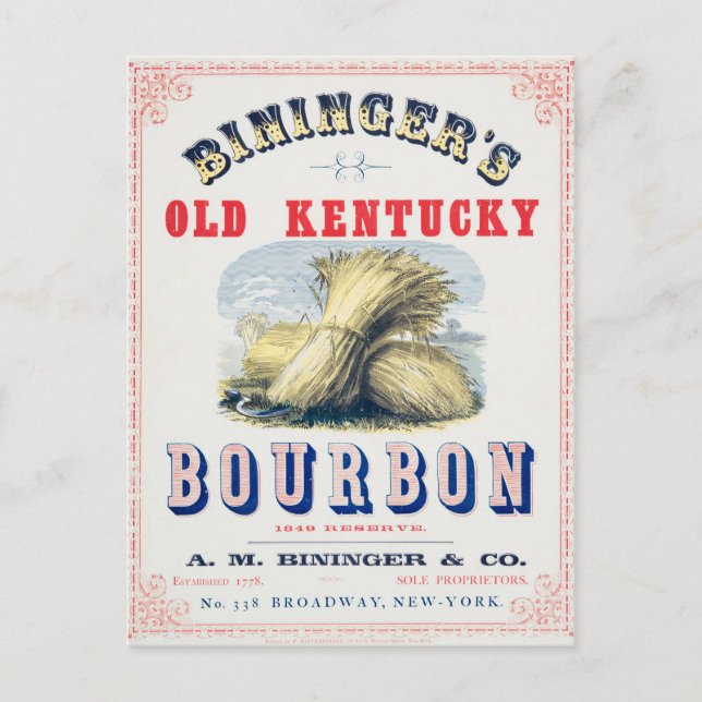 Bininger's Old Kentucky Bourbon 1849 Reserve. Postcard (Front)