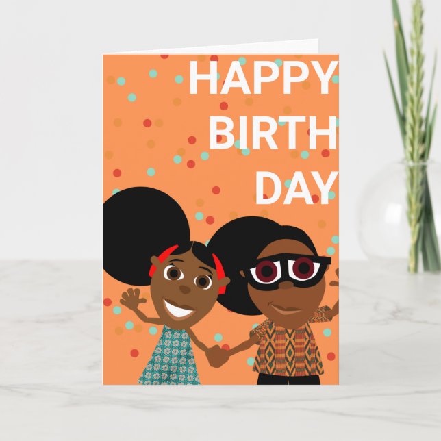 Bino and Fino Birthday Card Orange Confetti (Front)
