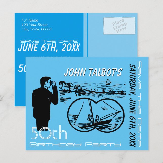 Binoculars Sailboat 50th Birthday Save The Date Announcement Postcard (Front/Back)