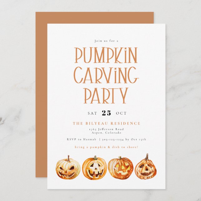 BINX Fall Halloween Watercolor Pumpkin Carving Invitation (Front/Back)