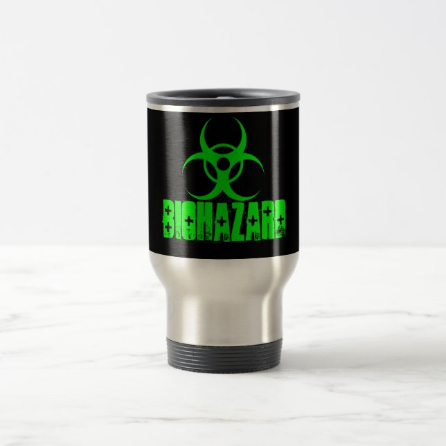 Biohazard symbol on green coffee mug (Center)