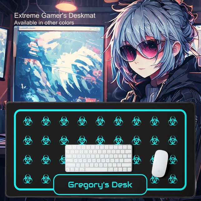 Biohazard Symbols -Blue Cyan on a Black Background Desk Mat (Biohazard Symbol-Cyan-Blue On Black - by Office Accessories Shop)
