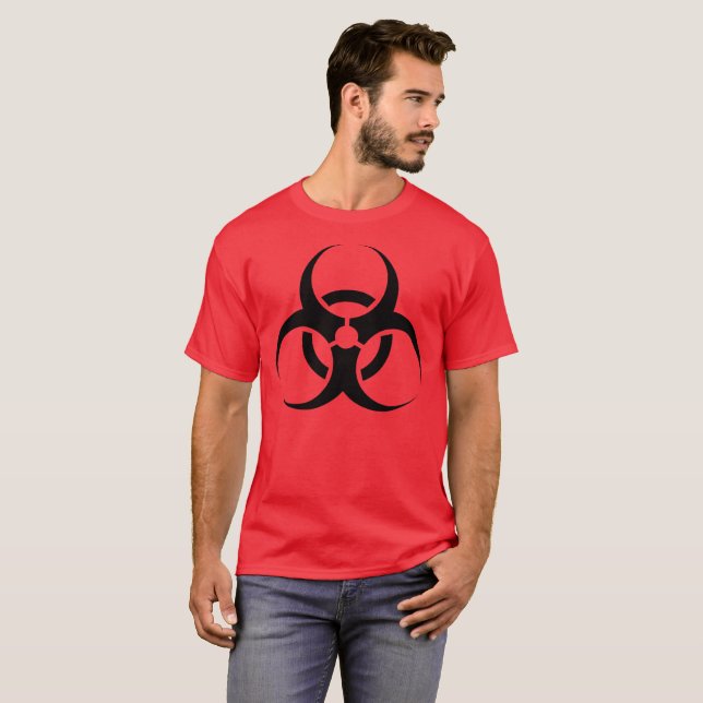 Biological Biohazard Symbol black on red T-Shirt (Front Full)