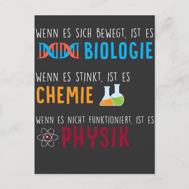 Biologie Chemie Physik Wissenschaft Humour Postcard (Front)