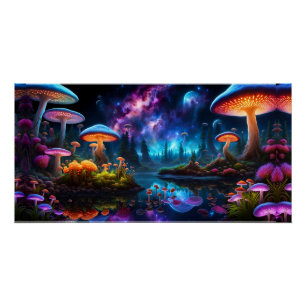 Bioluminescent Alien Mushrooms on A Distant Planet Poster