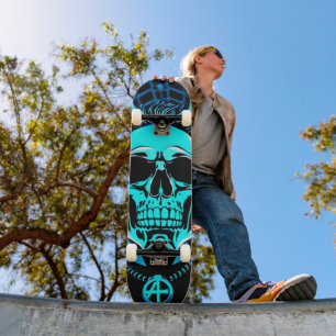 Bioluminescent Cyan Punk Rock Skull Skateboard