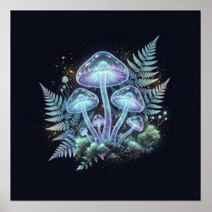 Bioluminescent Mushrooms Ferns Fantasy Art Poster