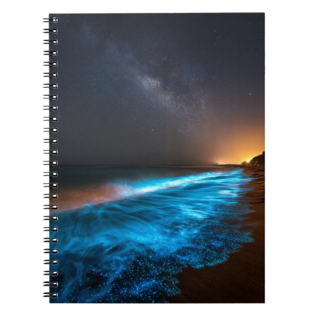 Bioluminescent Waves Under Starry Sky Photo Notebook (Front)