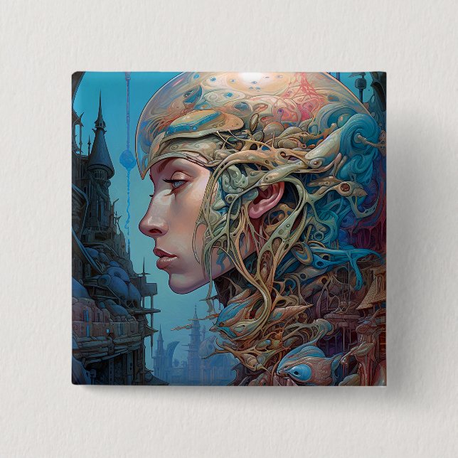 Biomechanical Head Surreal Sci-Fi Art 15 Cm Square Badge (Front)
