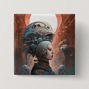 Biomechanical Head Surreal Sci-Fi Art 15 Cm Square Badge