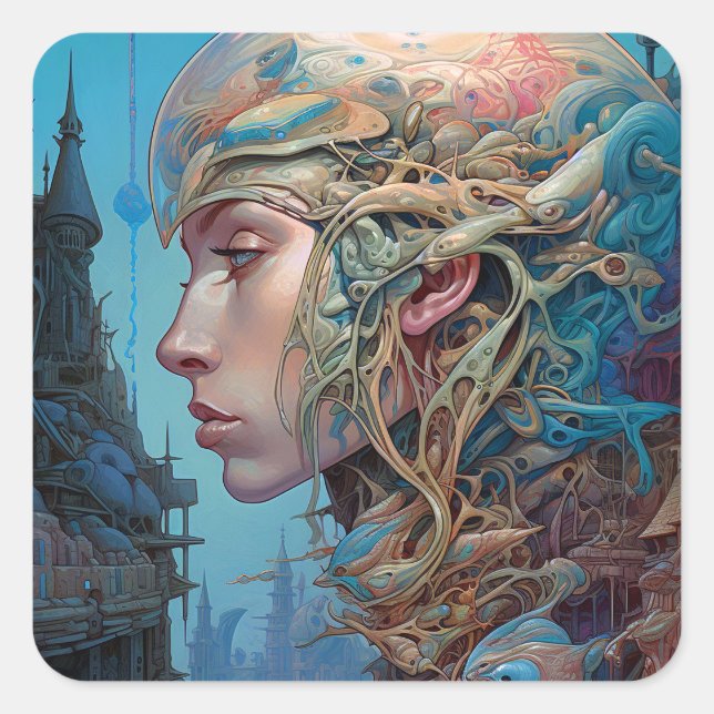 Biomechanical Head Surreal Sci-Fi Art Square Sticker (Front)