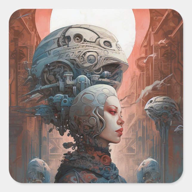 Biomechanical Head Surreal Sci-Fi Art Square Sticker (Front)