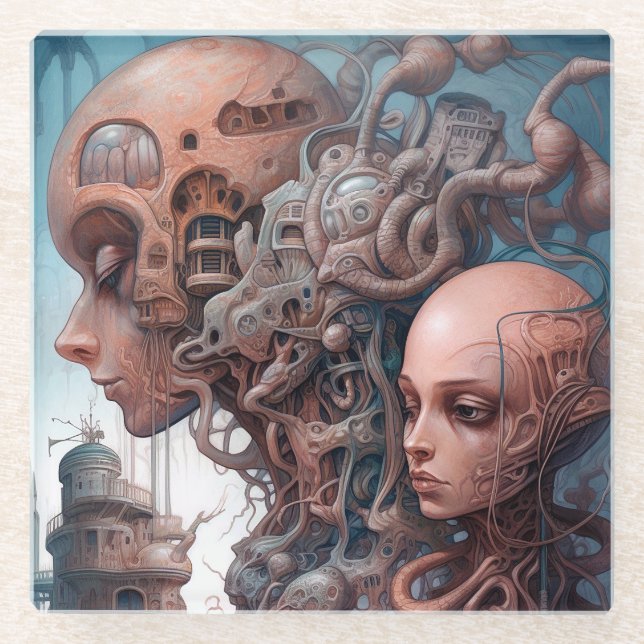 Biomechanical Heads Surreal Sci-Fi Art Glass Coaster (Front)