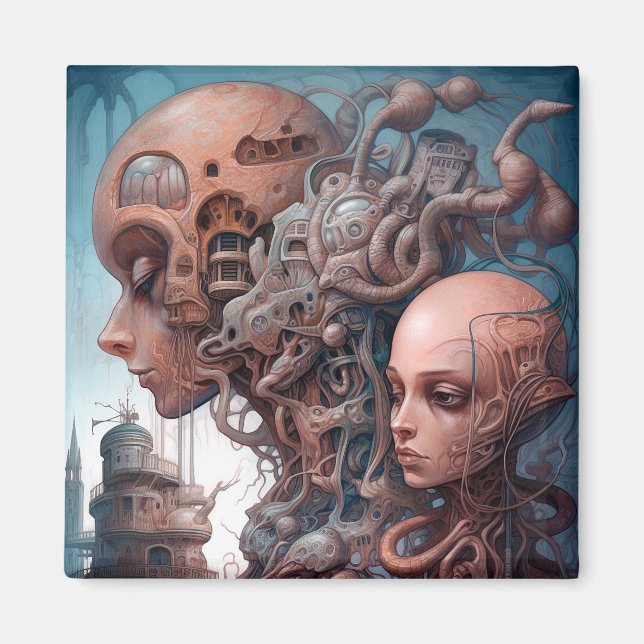Biomechanical Heads Surreal Sci-Fi Art Magnet (Front)