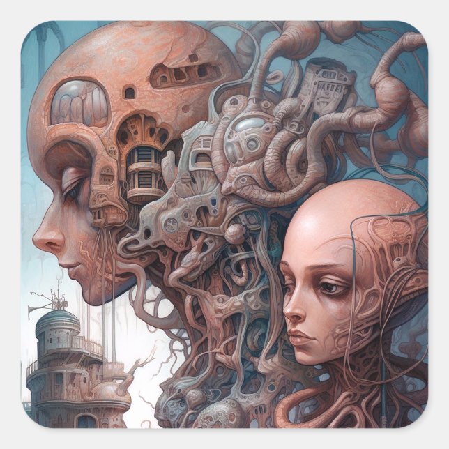 Biomechanical Heads Surreal Sci-Fi Art Square Sticker (Front)