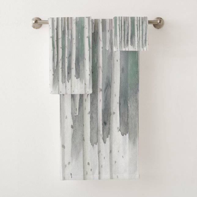 Biophilic handpainted muted birch watercolor wood bath towel set (Insitu)
