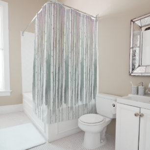Biophilic handpainted muted birch watercolor wood shower curtain