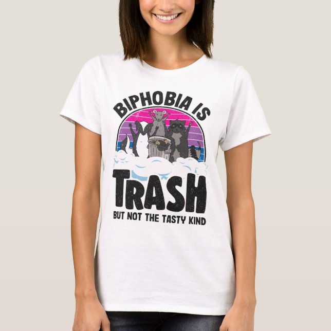 Biphobia Is Trash Opossum Racoon Bisexual Flag Bi T-Shirt (Front)