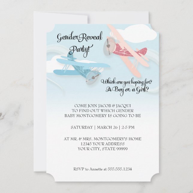 Biplane Aeroplane Baby Gender Reveal Party Invites (Front)