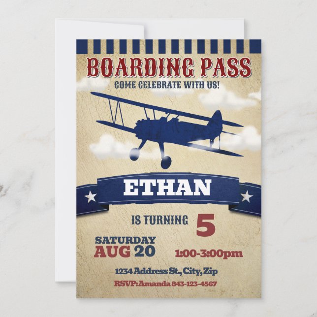 Biplane Aeroplane Birthday Invite Vintage Plane (Front)