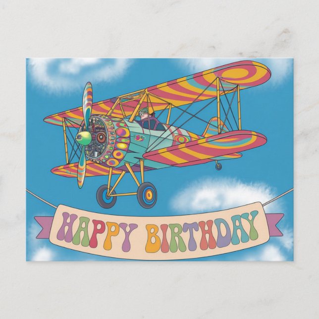 Biplane flying over happy birthday banner postcard (Front)