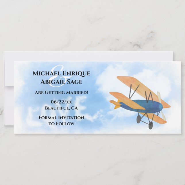 Biplane LOVE and Heart Cloud Aeroplane Wedding Save The Date (Back)