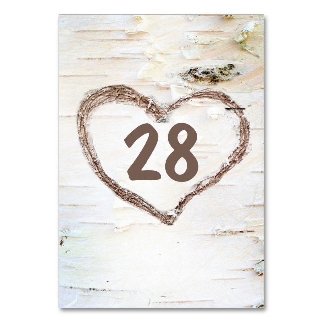Birch Bark Carved Heart Rustic Wedding Table Number (Front)