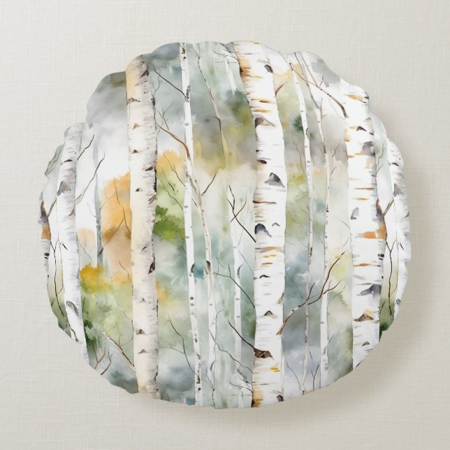 Birch bark green watercolor round cushion (Front)