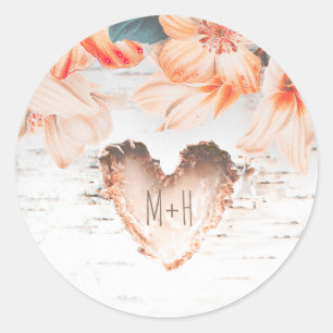 Birch Bark Heart and Orange Flowers Rustic Wedding Classic Round Sticker