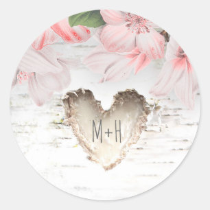 Birch Bark Heart and Pink Flowers Rustic Wedding Classic Round Sticker