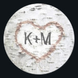 Birch Bark Heart Rustic Wedding Classic Round Sticker<br><div class="desc">Rustic country wedding seal with birch bark heart monogram</div>