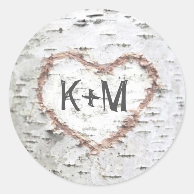 Birch Bark Heart Rustic Wedding Classic Round Sticker (Front)