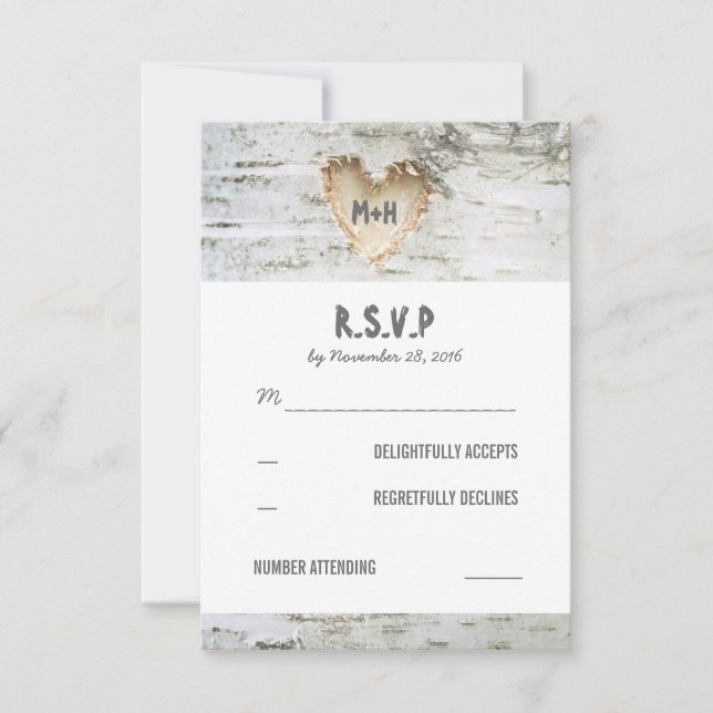 Birch Bark Heart Wedding RSVP Cards (Front)